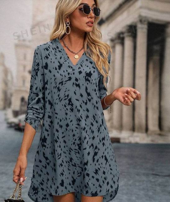 Allover Print Roll Up Sleeve Dress Ladies Casual High Low Long Sleeve V Neck Regular Fit Short Apricot Roll Up Sleeve All Over Print Tunic Women Short Dresses - www.Shopthatapp.com
