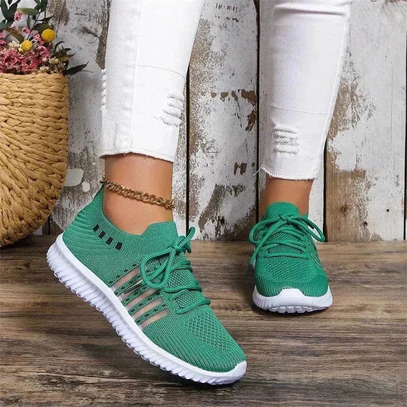 Casual Lace-up Mesh Sneakers Breathable Flying Woven Round Toe Walking Running Sports Shoes for Women - www.Shopthatapp.com