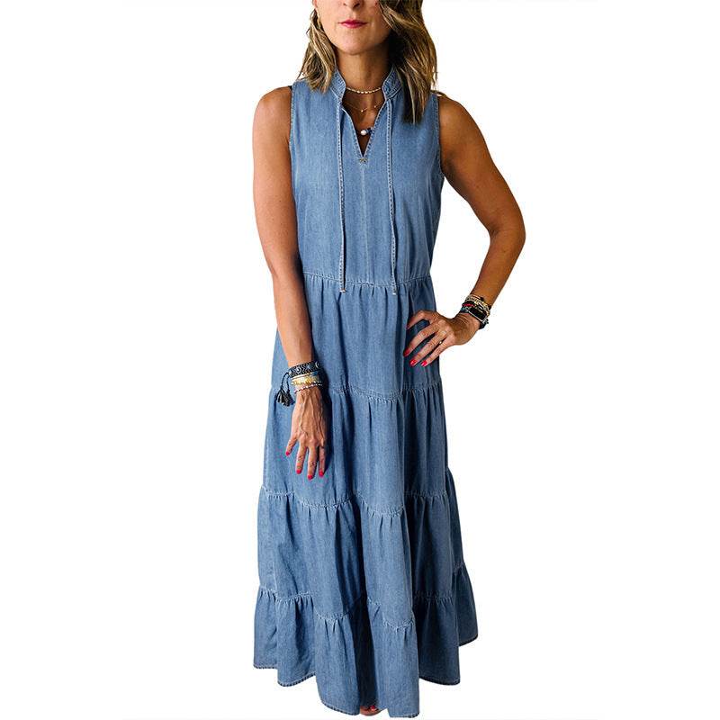 Women's Sleeveless Denim Fashion Retro High Waist Layered Dress - www.Shopthatapp.com