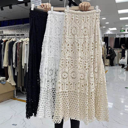 Spring Summer Crochet Lace Patchwork A- Line Beach Skirt Holiday Style Hollow-out flared flowy Maxi Skirt - www.Shopthatapp.com