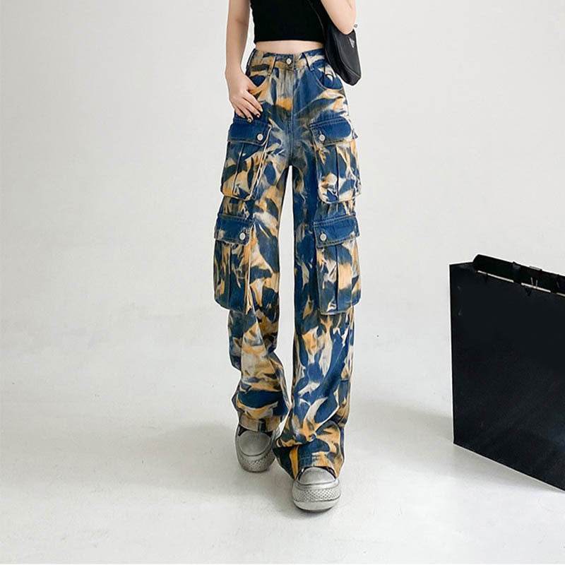 New Tie-dye Baggy CargoTrousers With Pockets Y2K Fashion High Waist Loose Wide Leg Pants Spring And Autumn - www.Shopthatapp.com