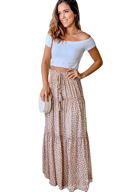 Casual Spring Summer Elastic Waist Pleated Mid Waist printed Maxi Skirt - www.Shopthatapp.com