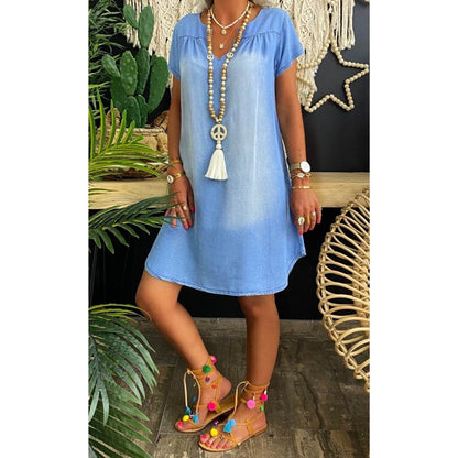 Round Neck Pleated Loose Solid Color Casual Plus Size Denim Dress - www.Shopthatapp.com