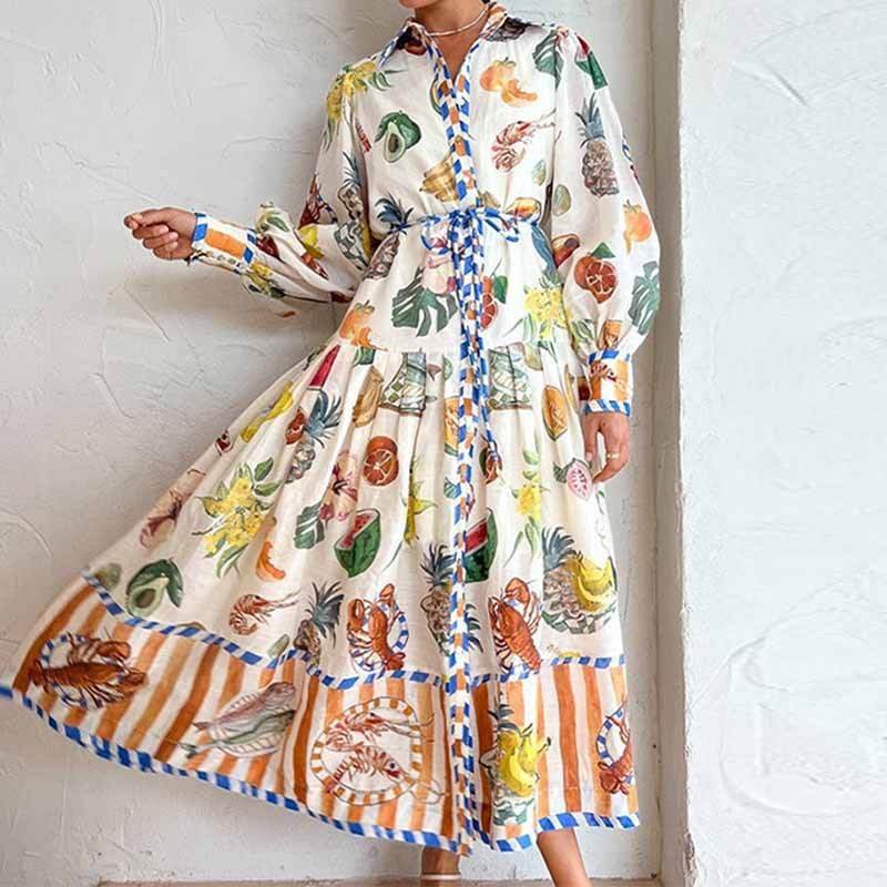 Print Holiday Women Beach Dress With Belts A-Line Long Lantern Sleeve Single Breasted Lapel Seaside Dresses Robe - www.Shopthatapp.com