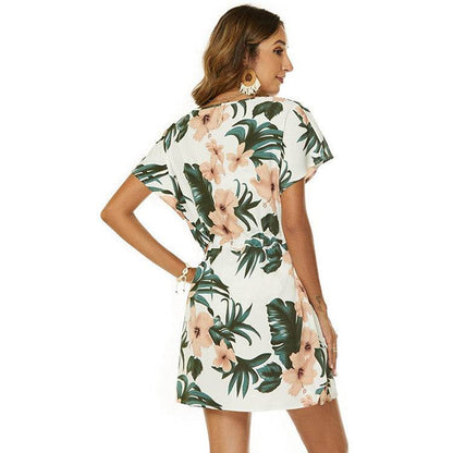 Dolman Sleeves Dress Summer Printed Drawstring V-Neck Beach Dresses For Women - www.Shopthatapp.com