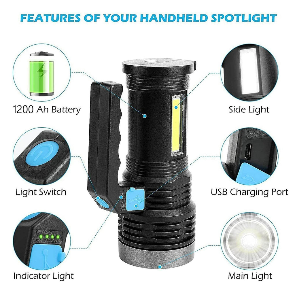 LED Flashlight USB Rechargeable Torch COB Spotlight Camping Light High Lumens Emergency Lamp 3 Modes Waterproof - www.Shopthatapp.com