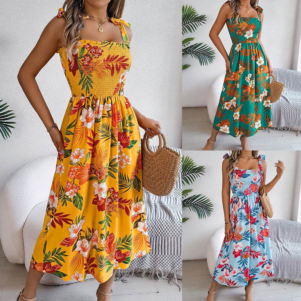 Flowers Print Suspender Corset Dress Ins Fashion Holiday Beach Long Dresses Summer Clothing For Women - www.Shopthatapp.com