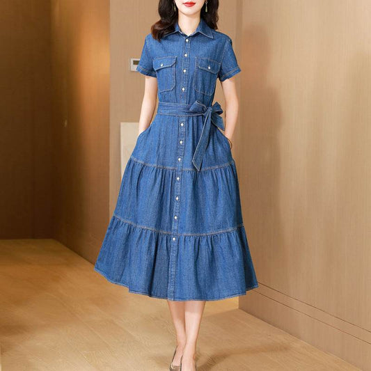 Classy Elegant Single Breasted Denim flared Midi Dress - www.Shopthatapp.com