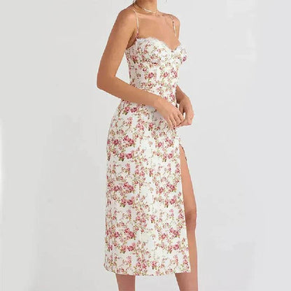 Women's Floral Spaghetti Strap Cami Dress Lace Trim Side Slit Bodycon Midi summer Dress - www.Shopthatapp.com