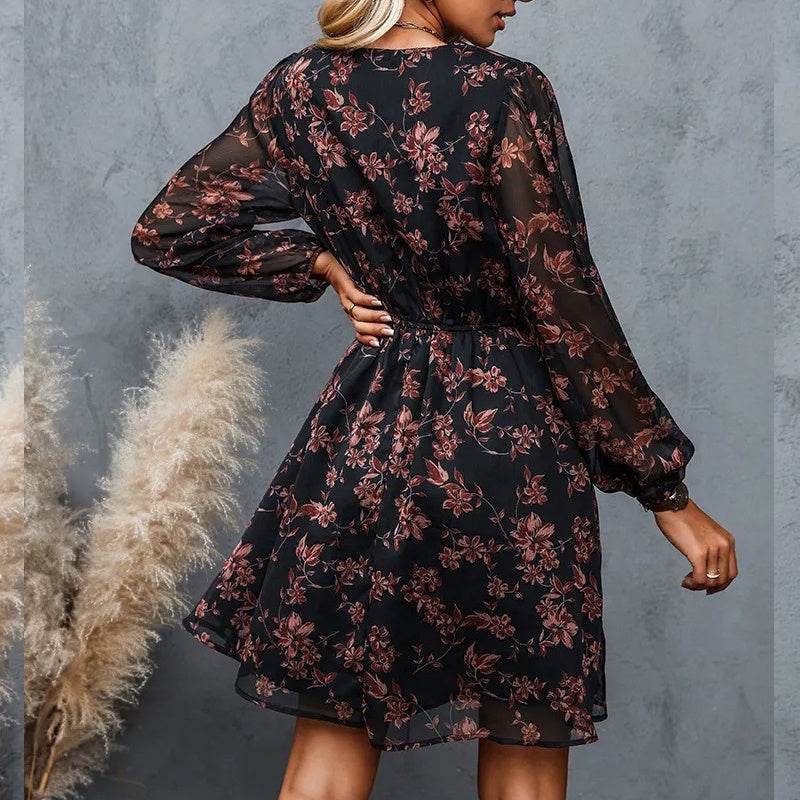 Casual V-neck Summer Spring Long Sleeve Floral mini Chiffon Dress