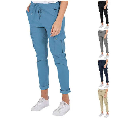 Casual Cargo Pants With Pockets Solid Color Drawstring Waist Pencil Trousers For Women - www.Shopthatapp.com