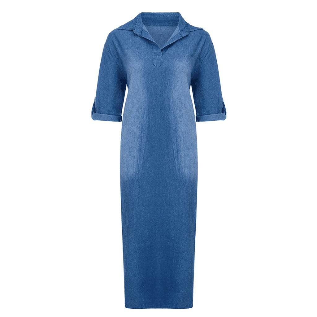 New washed denim dress Side Split Loose Mum Long Jeans Dress - www.Shopthatapp.com
