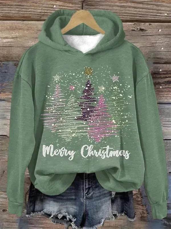 Round Neck Hooded Long Sleeve Four Christmas Trees Loose Hoodie Sweatshirt - www.Shopthatapp.com