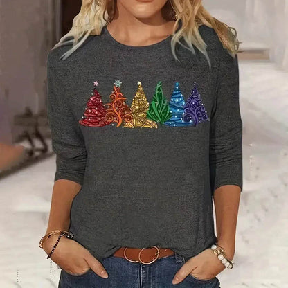 Women's Long-sleeved T-shirt Christmas Tree Printed Round Neck Loose Casual - www.Shopthatapp.com