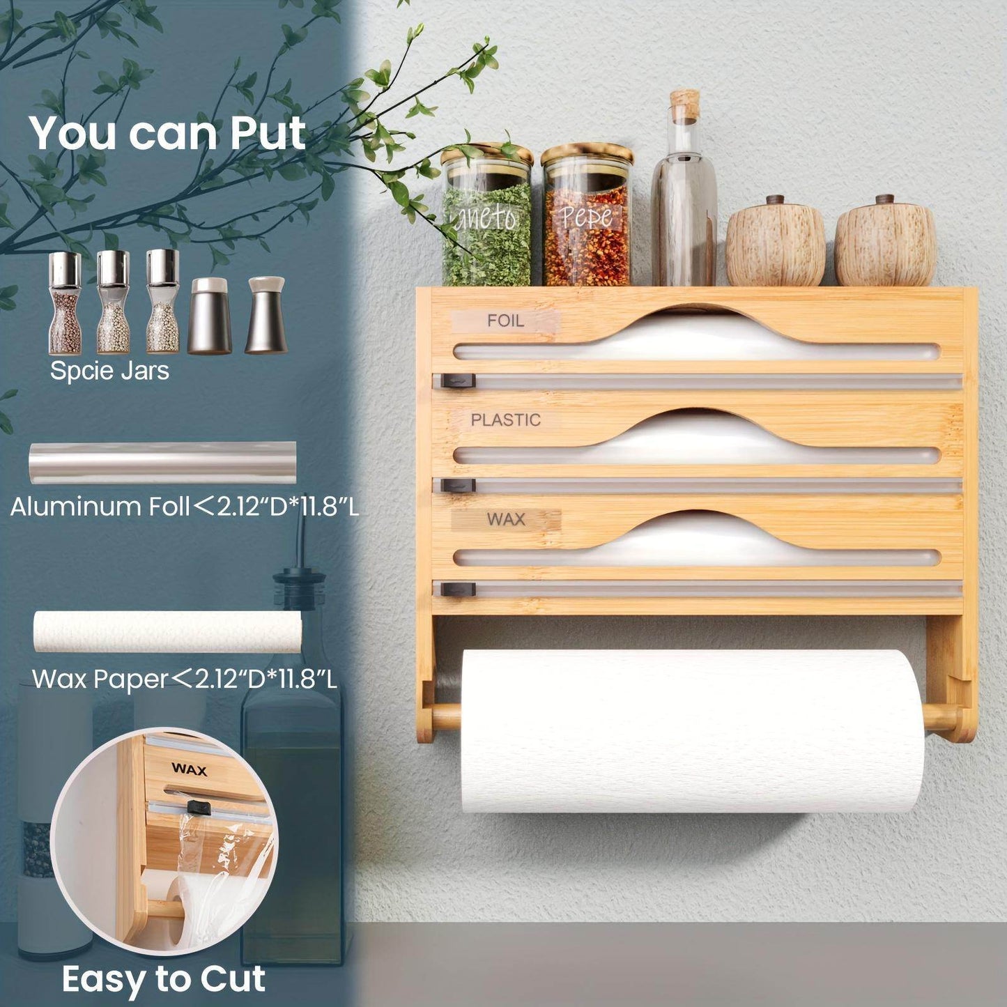 3 grid Bamboo Wood Wall Mounted Food Wrap Dispenser - www.Shopthatapp.com