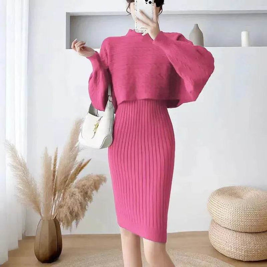 Autumn Winter Sassy Woolen Knitted Two Piece Midi Sweater Dress Outfit set - www.Shopthatapp.com
