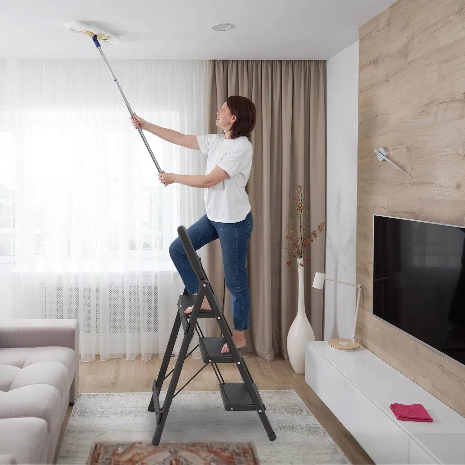 3-Step Folding Ladder, 330lbs Load Capacity, Lightweight 6.94lbs With 1.57in Folding Width, Heavy Duty Steel Construction, Non-Slip Pedals & Feet, Safety Lock, Multi-Use For Home Kitchen Living Room - www.Shopthatapp.com