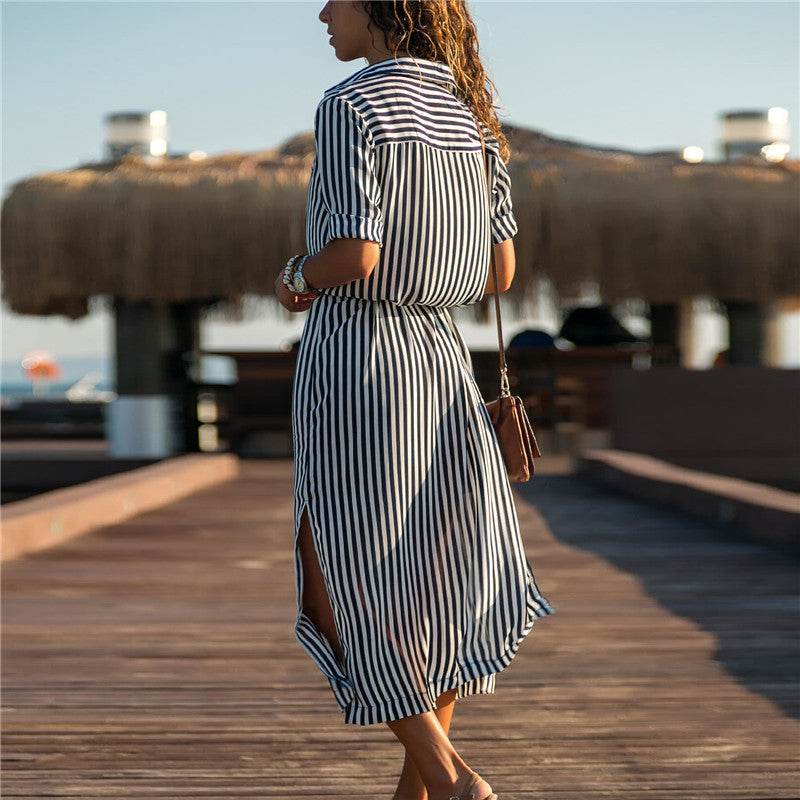 Stripe Shirt Women's Dress Spring Summer Chiffon V-neck Sexy Maxi Dresses Sexy Elegant Casual Girl Lace Women Long Sleeve - www.Shopthatapp.com