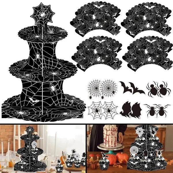 3 Tier Halloween Cupcake Stand Black Spider Web Cardboard Cupcake Stand Spider Bat Cupcake Toppers Halloween Cupcake Holder Tower For Halloween Birthday Party Supplies - www.Shopthatapp.com