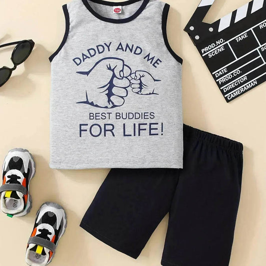 Summer Trendy Boys Letter Fist Print Sleeveless Casual Pants Suit Sleeveless two piece for boys Daddy and me outfit - www.Shopthatapp.com