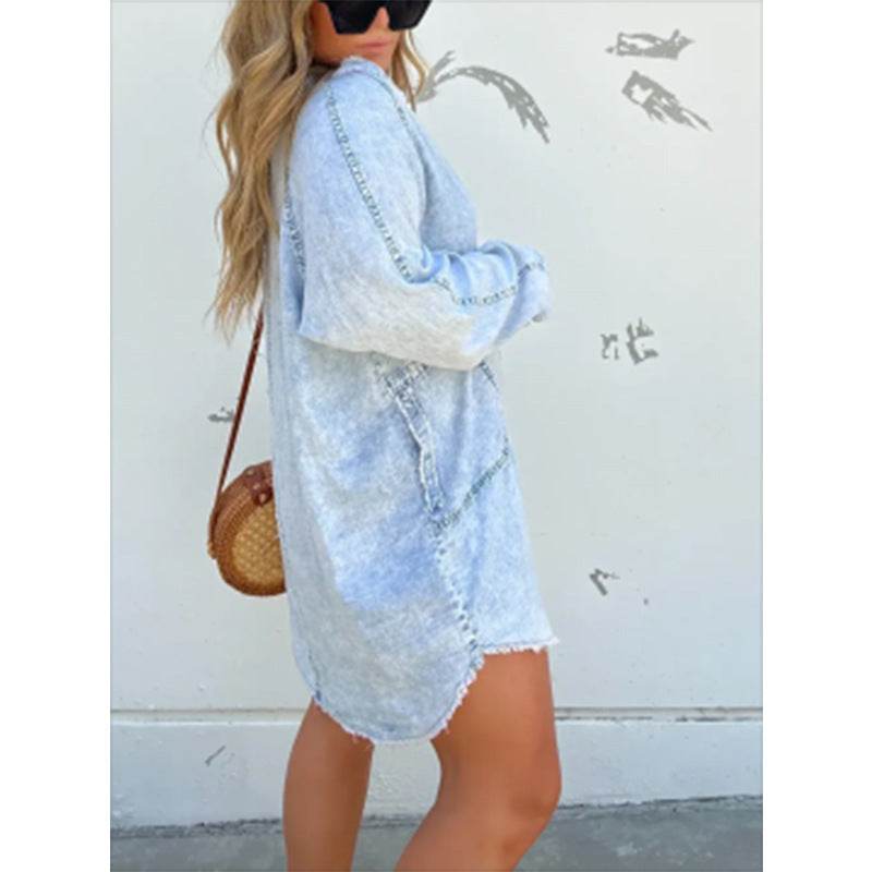 Women's Denim Washed Loose Shirt Dress - www.Shopthatapp.com