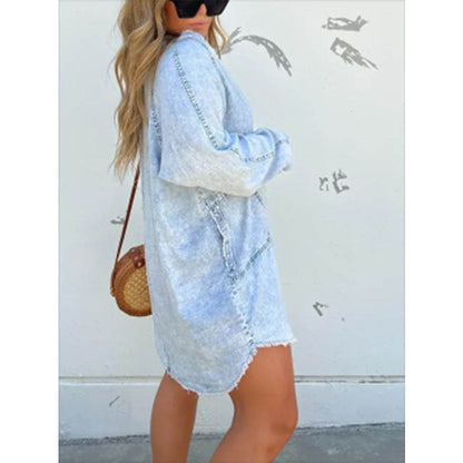 Women's Denim Washed Loose Shirt Dress - www.Shopthatapp.com
