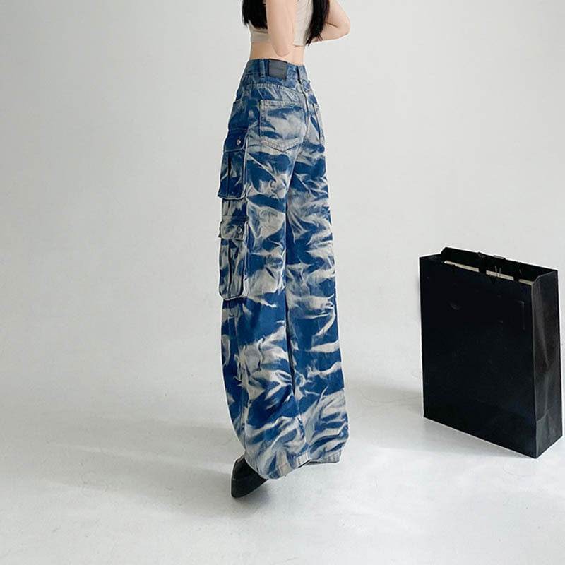 New Tie-dye Baggy CargoTrousers With Pockets Y2K Fashion High Waist Loose Wide Leg Pants Spring And Autumn - www.Shopthatapp.com