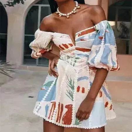 Women's Flower Print Lace Sling Dress Fashion V-neck Waist-baring Skirt Summer Clothing - www.Shopthatapp.com