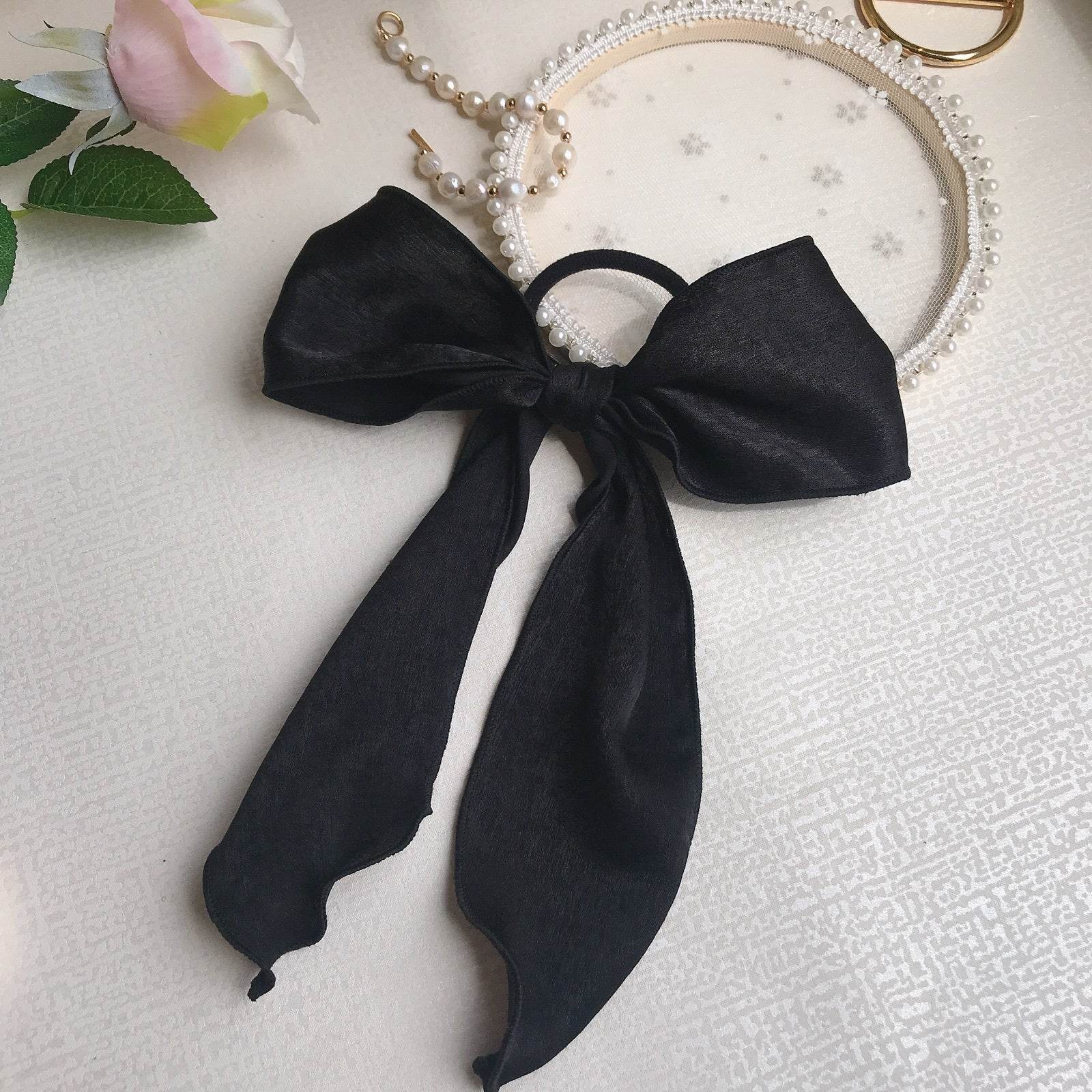 Silk satin oversized bow tie Hair Scrunchies ponytail Holder - www.Shopthatapp.com