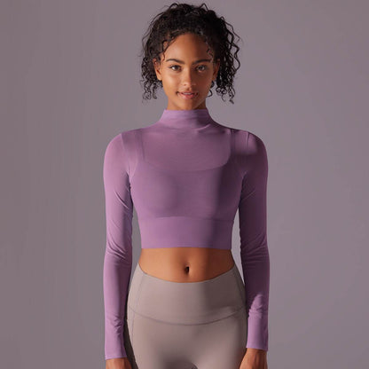 Quick Drying Gym Slim Fit Mesh Turtleneck Long Sleeve Workout Crop Top - www.Shopthatapp.com