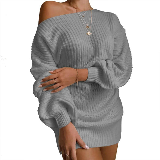 Autumn Winter Slant Shoulder Off Lantern sleeve Mini knitted wool sweater dress - www.Shopthatapp.com