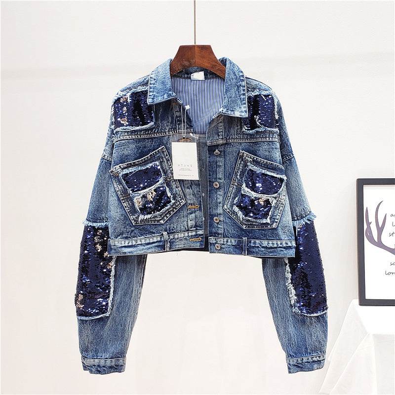 Heavy Industry Sequins Short Doll Sleeve Denim Jacket Women - www.Shopthatapp.com