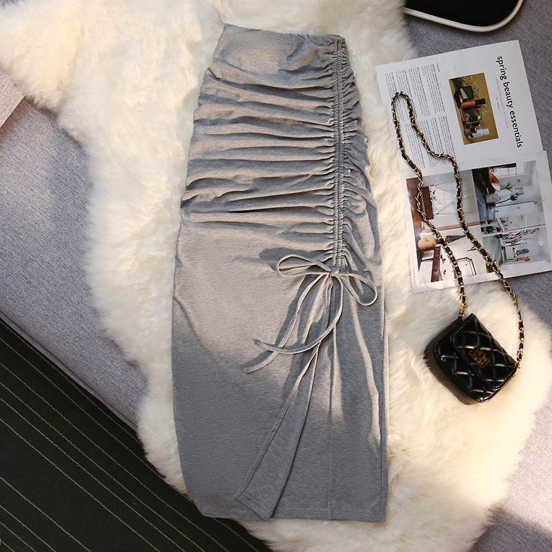 Women's drawstring Side Slit Pleated Hip Midi Skirt - www.Shopthatapp.com