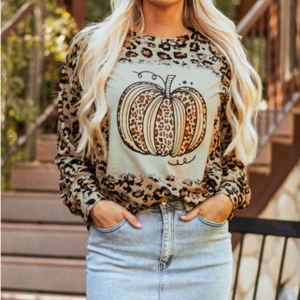 Brown Bleached Halloween Pumpkin Leopard Print Sweatshirt - www.Shopthatapp.com