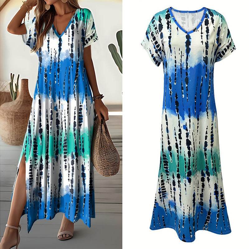 Women's Summer Tie Dye Maxi Dress Short Sleeve V Neck Casual Loose Long Split Dresses - www.Shopthatapp.com