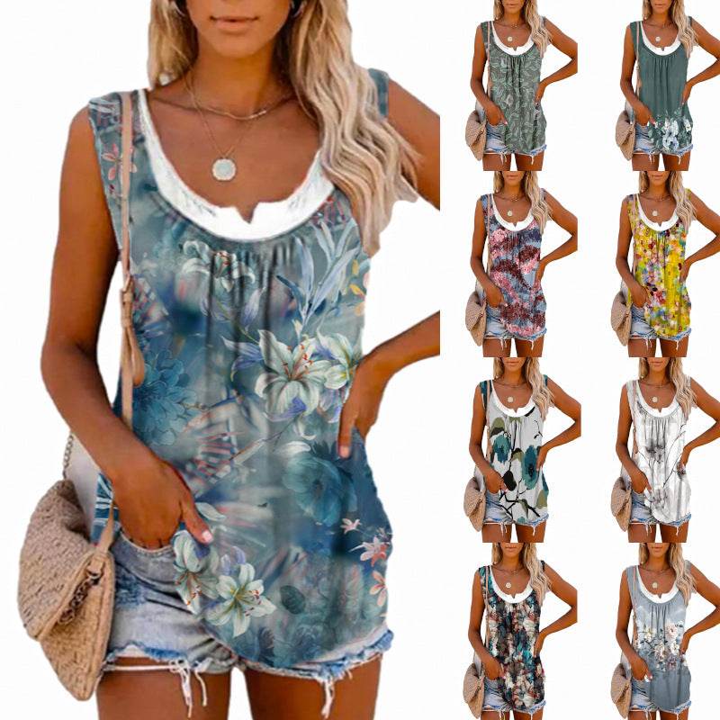 Casual Spring And Summer Tops Printed Sleeveless Pleating Vest T-shirt For Women - www.Shopthatapp.com