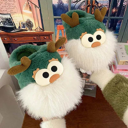 Cute Cartoon Christmas Deer Cotton Shoes Winter Indoor Floor Home Slippers Half-covered Heel Warm Plush Shoes Women - www.Shopthatapp.com