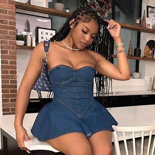 Fashion Tube Top Denim short mini Dress for Club - www.Shopthatapp.com