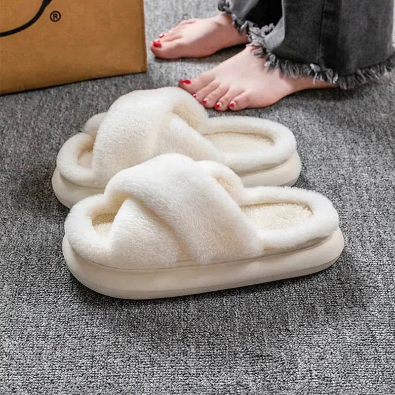 Women's Platform Fuzzy Home Slippers Winter Open Toe Criss-cross Solid Color Casual Floor Slides Indoor Flat Comfy House Shoes - www.Shopthatapp.com