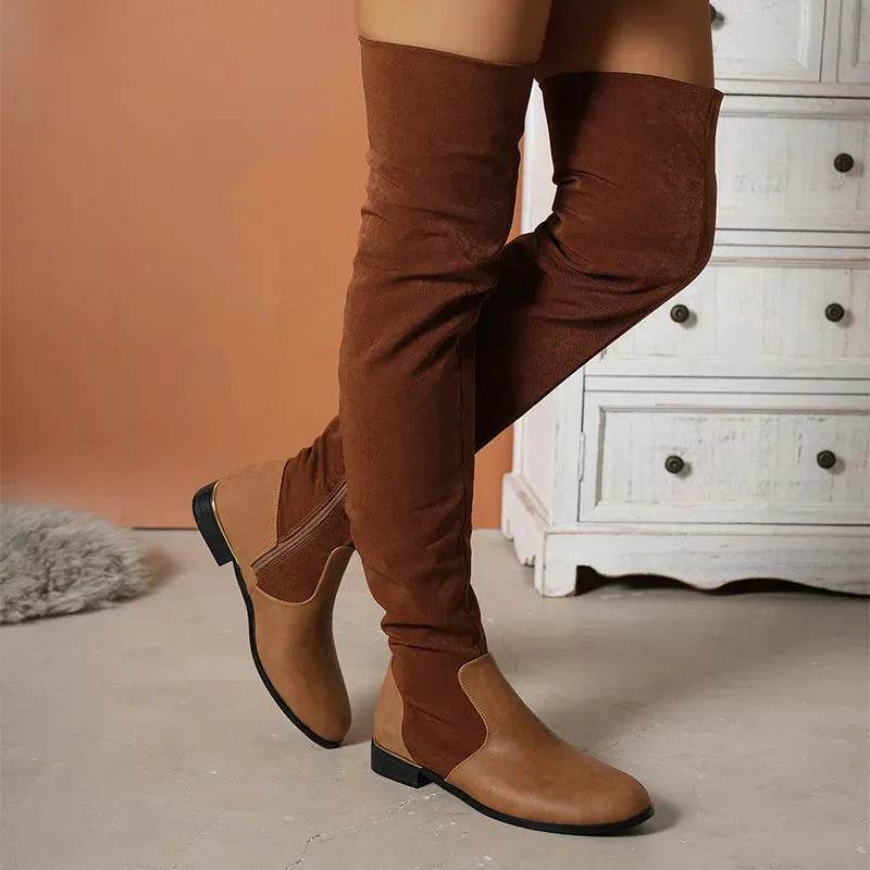 Fashion Over-the-knee Boots For Women Suede Stitching Low-heeled Long Boots With Side Zipper Design Party Shoes Winter - www.Shopthatapp.com