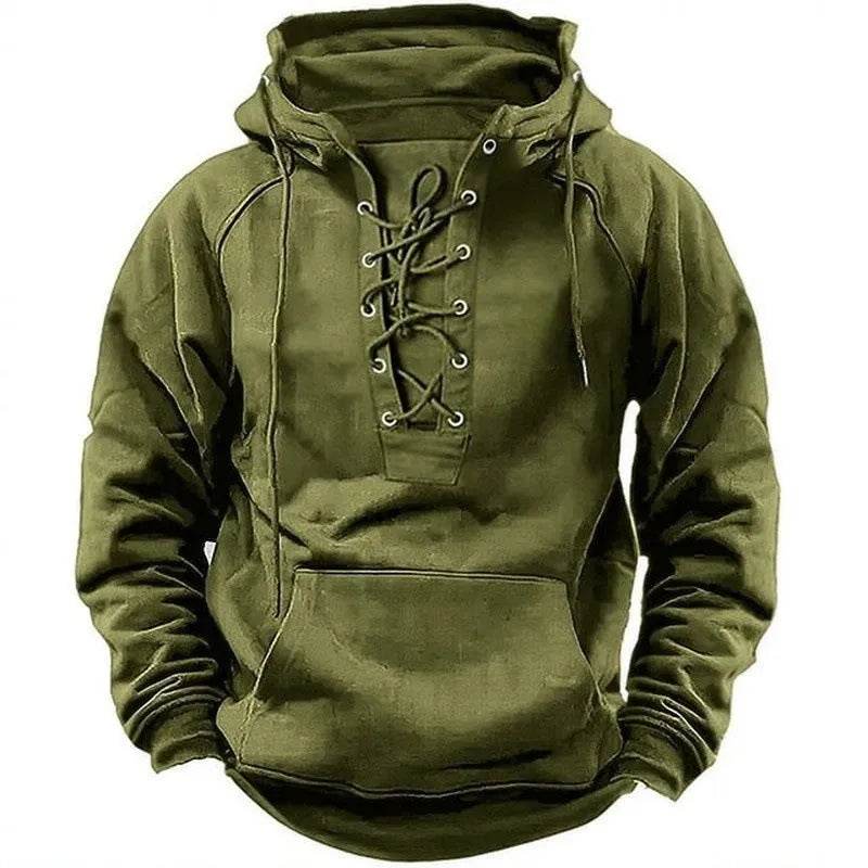 Men's Outdoor Retro Lace-up Hooded Long-sleeved T-shirt Casual Pullover top sweatshirt - www.Shopthatapp.com