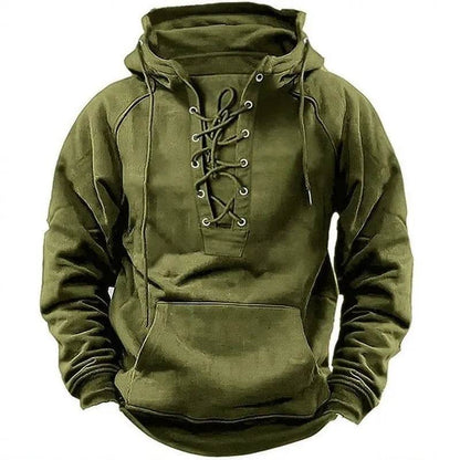 Men's Outdoor Retro Lace-up Hooded Long-sleeved T-shirt Casual Pullover top sweatshirt - www.Shopthatapp.com