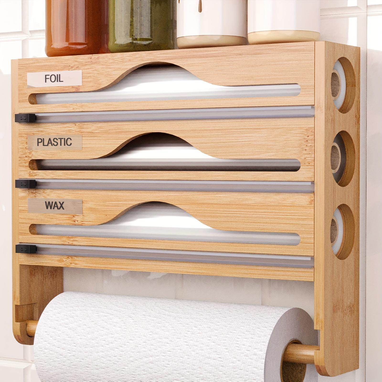3 grid Bamboo Wood Wall Mounted Food Wrap Dispenser - www.Shopthatapp.com