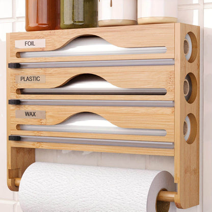 3 grid Bamboo Wood Wall Mounted Food Wrap Dispenser - www.Shopthatapp.com