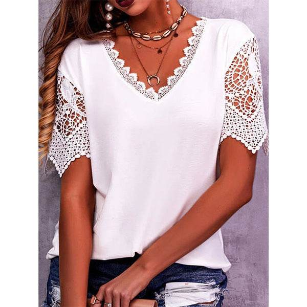 Summer Lace Tops Loose V Neck Short Sleeve Casual top - www.Shopthatapp.com