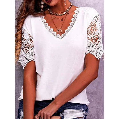 Summer Lace Tops Loose V Neck Short Sleeve Casual top - www.Shopthatapp.com