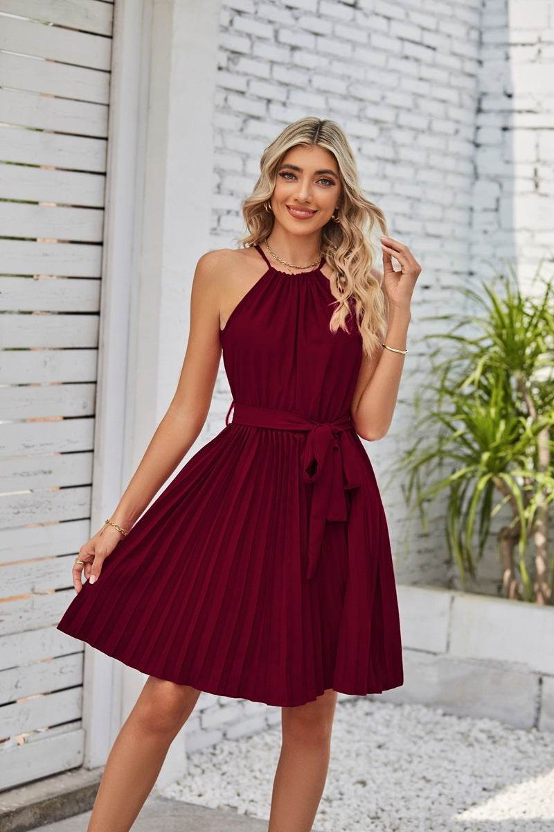 Halter Strapless Dresses For Women Solid Pleated Skirt Summer Beach Sundress - www.Shopthatapp.com