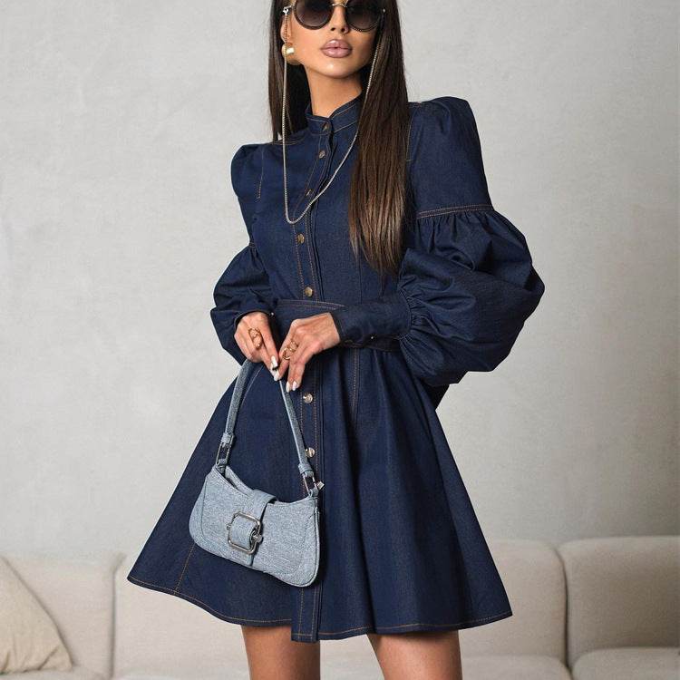 Classy Fashion Lantern Sleeve Button down Denim Shirt flared Mini Dress - www.Shopthatapp.com