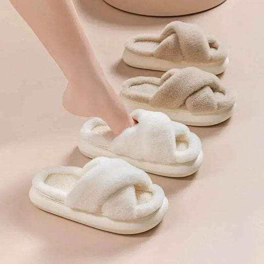 Women's Platform Fuzzy Home Slippers Winter Open Toe Criss-cross Solid Color Casual Floor Slides Indoor Flat Comfy House Shoes - www.Shopthatapp.com