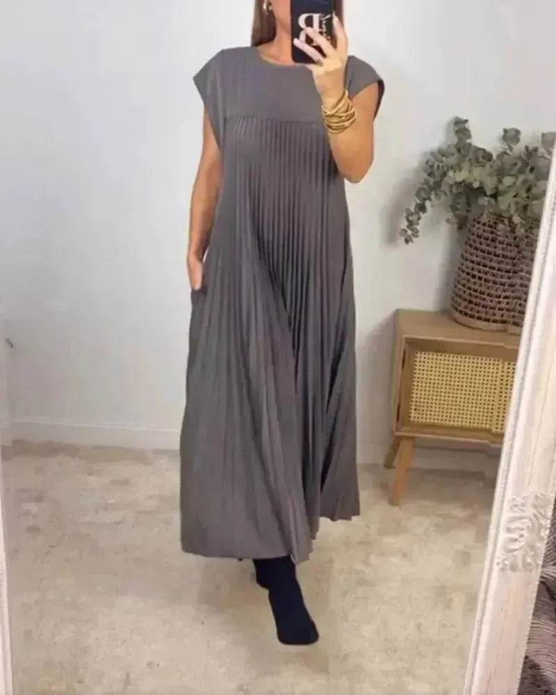 Women Summer Pleated Maxi Dress Casual Short Sleeve Crewneck Flowy Swing Long Dress with Pockets - www.Shopthatapp.com